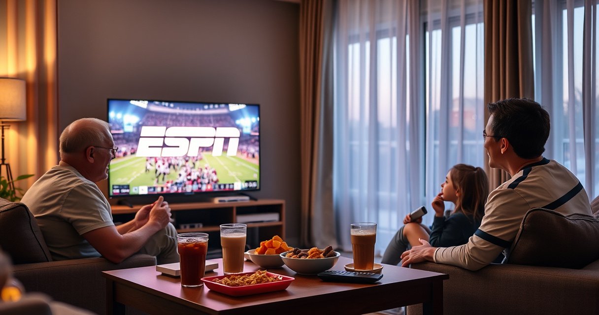 A cozy living room with a vibrant smart TV displaying the ESPN logo, surrounded by snacks and drinks on a coffee table. Soft evening light filters through curtains, illuminating a family eagerly watching a thrilling sports game, with excitement on their faces and team jerseys on display. A sleek remote rests nearby, symbolizing modern technology.