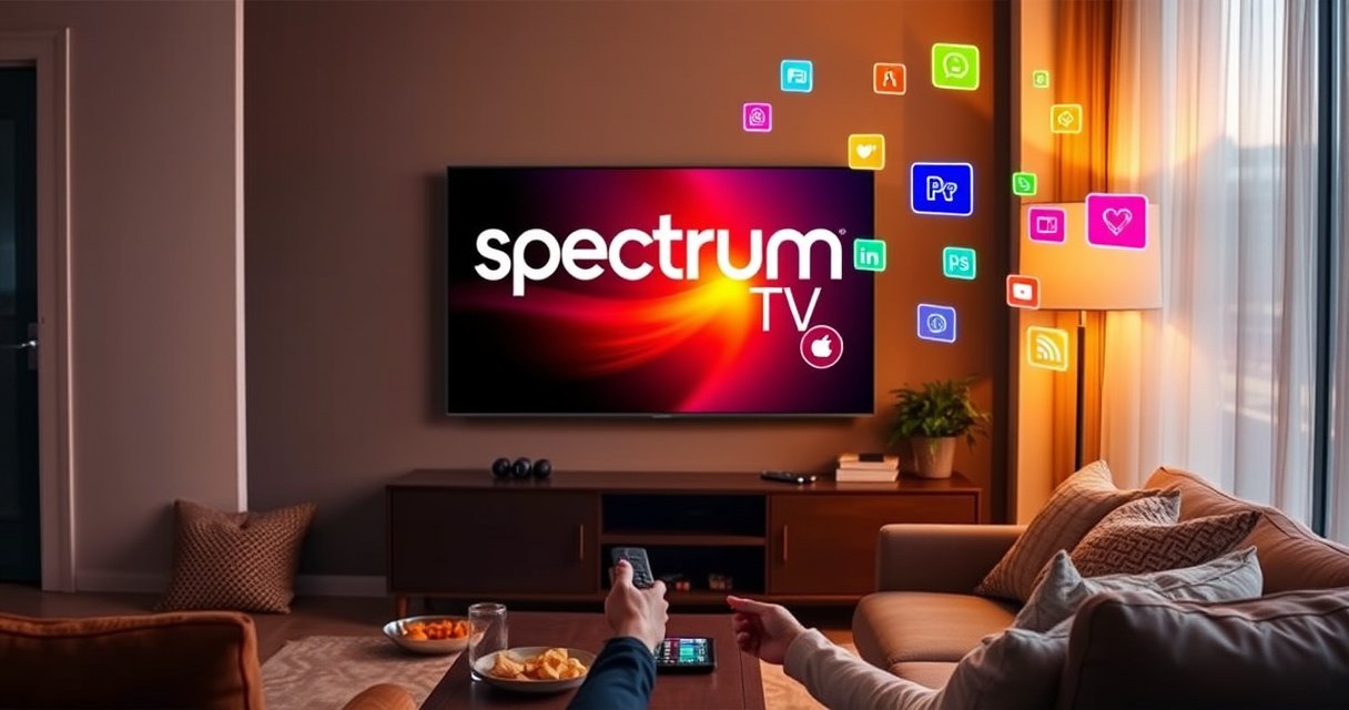 A modern living room featuring a sleek smart TV displaying the Spectrum TV logo, surrounded by a cozy sofa and warm ambient lighting. A person sits comfortably, remote in hand, with snacks on a coffee table, while vibrant colorful graphics of streaming icons float around, symbolizing digital connection and entertainment in a relaxing atmosphere.