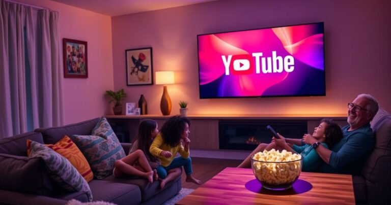 A cozy living room with a large smart TV displaying the vibrant YouTube logo, a comfortable couch with colorful cushions, a bowl of popcorn on a wooden coffee table, warm ambient lighting casting a welcoming glow, and a family happily interacting with the TV remote, ready to enjoy their favorite videos together.