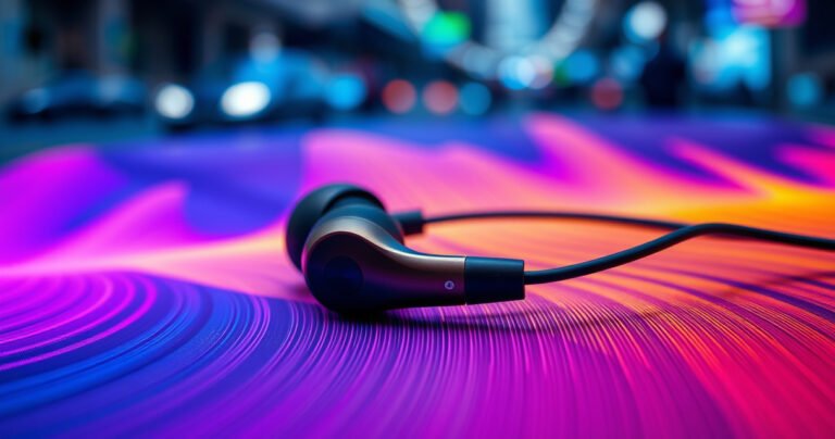 A close-up of sleek, modern noise-cancelling earphones resting on a vibrant soundwave pattern, with swirling colors representing sound frequencies. The background features soft, blurred urban noise elements like honking cars and chatter, contrasting with the serene focus on the earphones, illustrating their ability to create a peaceful auditory oasis amidst chaos.