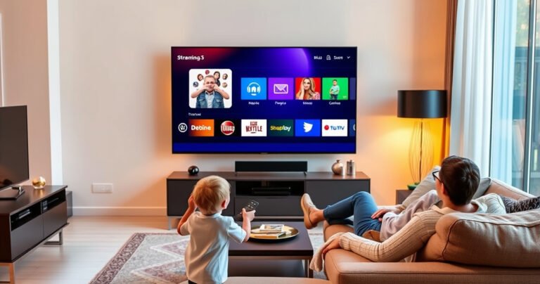 A sleek, modern living room featuring a large smart TV displaying colorful streaming interface icons. The room is bathed in warm, inviting light, with a cozy couch and stylish decor. A curious child interacts with the TV using a remote, while a family member lounges nearby, showcasing the seamless blend of technology and home life.