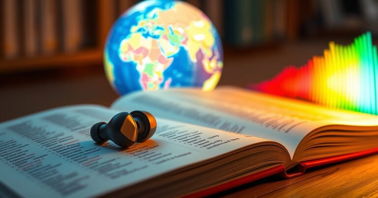 A close-up of sleek, futuristic translator earbuds resting on a vibrant, open book filled with diverse languages. In the background, a glowing globe highlights different countries, while sound waves in bright colors emanate from the earbuds, symbolizing communication. Soft light creates a warm, inviting atmosphere, emphasizing the connection between technology and language.