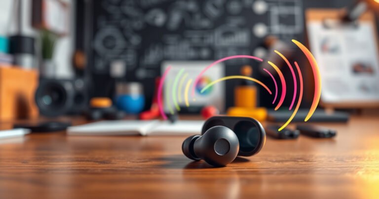 A close-up of sleek wireless earbuds resting on a wooden table, surrounded by colorful sound waves emanating from them. The background features a blurred tech-themed workspace with gadgets and diagrams, emphasizing innovation. Soft light highlights the earbuds, illustrating their compact design and modern technology, inviting curiosity about their inner workings.