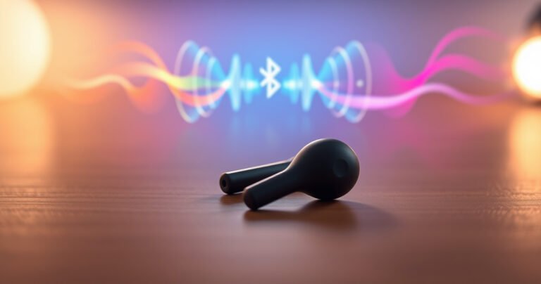 A close-up of sleek wireless earbuds resting on a minimalist wooden desk, surrounded by soft, glowing light. In the background, an abstract diagram illustrating sound waves and Bluetooth signals, with vibrant colors flowing harmoniously. The scene evokes a sense of modern technology intertwined with simplicity, inviting curiosity about their inner workings.