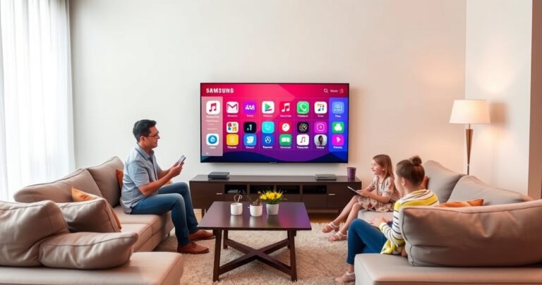 A modern living room featuring a sleek Samsung Smart TV displaying colorful app icons, surrounded by cozy couches and a stylish coffee table. Soft ambient lighting enhances the inviting atmosphere, while a family engages joyfully with the TV, exploring various apps together, showcasing technology and family connection in a vibrant, contemporary setting.