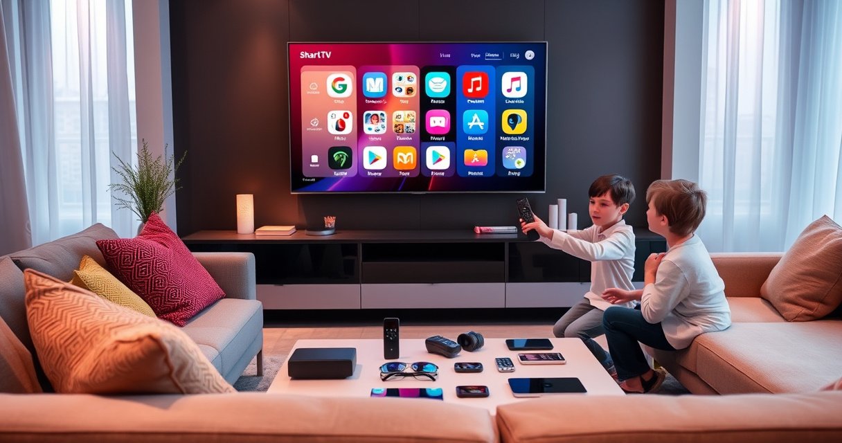 A sleek, modern living room featuring a large smart TV displaying vibrant app icons, with a cozy sofa, colorful throw pillows, and a stylish coffee table scattered with tech gadgets. Soft ambient lighting enhances the inviting atmosphere, while a curious family member interacts with a remote, showcasing the simplicity of smart technology in everyday life.