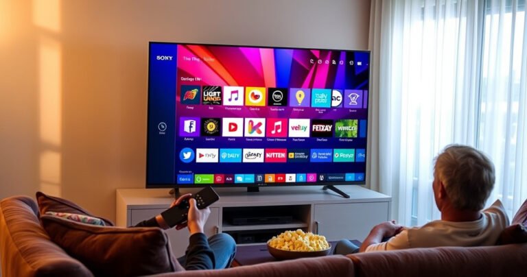 A sleek Sony Smart TV displaying a vibrant app store interface filled with colorful icons, surrounded by a cozy living room setting. Soft light filters through a window, casting gentle shadows on a plush sofa. A person sits nearby, remote in hand, eagerly exploring the options, with a bowl of popcorn on the table.