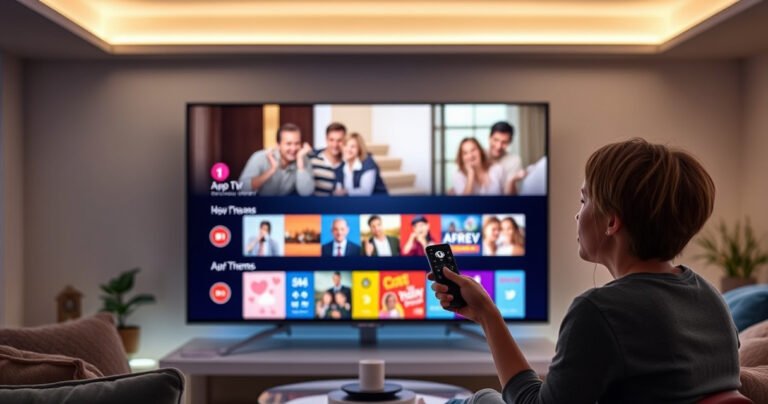 A sleek LG Smart TV glowing in a modern living room, displaying a vibrant app store interface. A user with a remote in hand, excitement in their eyes, surrounded by cozy decor, soft lighting, and a glimpse of family enjoying streaming on the TV. Colorful app icons pop against the screen, inviting exploration.