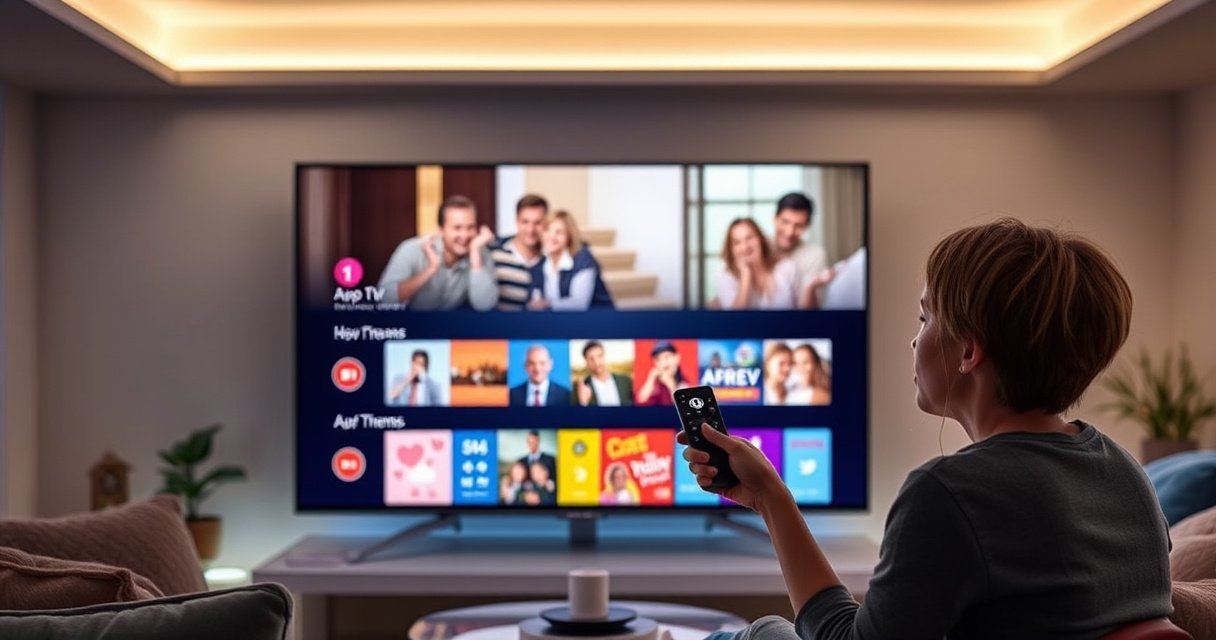 A sleek LG Smart TV glowing in a modern living room, displaying a vibrant app store interface. A user with a remote in hand, excitement in their eyes, surrounded by cozy decor, soft lighting, and a glimpse of family enjoying streaming on the TV. Colorful app icons pop against the screen, inviting exploration.