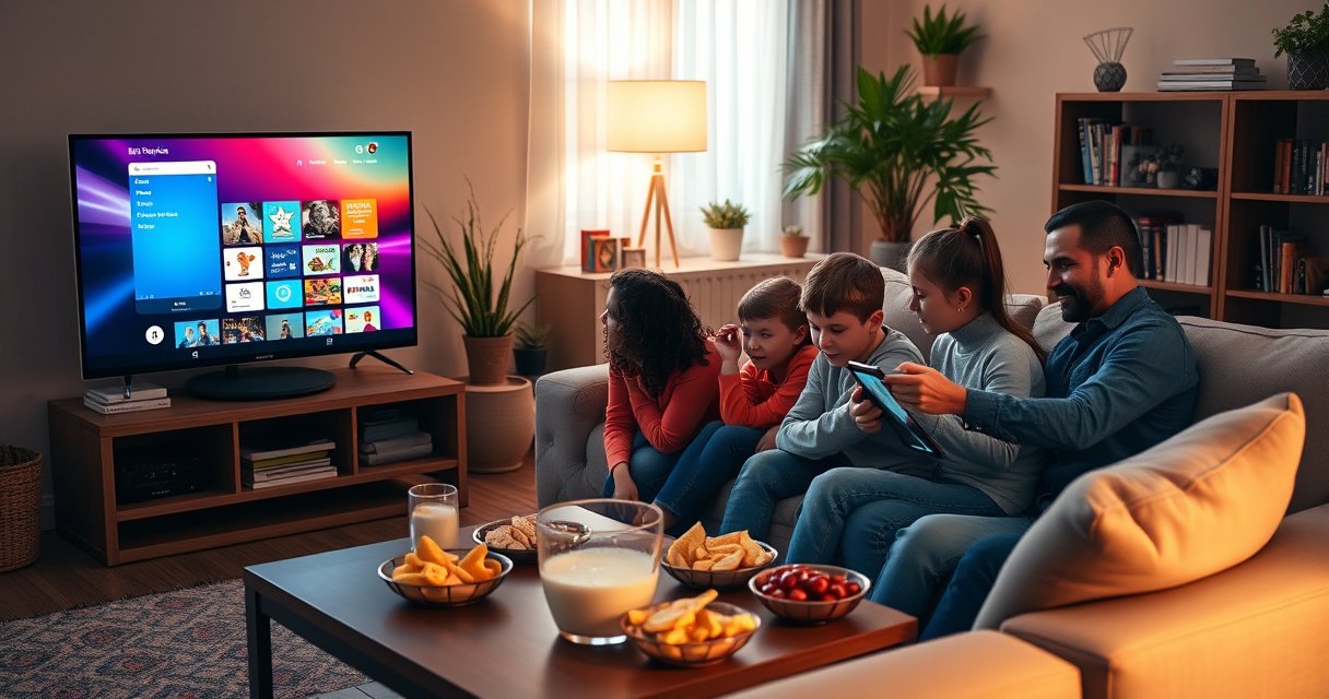 A cozy living room featuring a sleek smart TV displaying a colorful app store interface. A family is gathered on a plush couch, curiously exploring apps on a tablet while snacks are spread out on a coffee table. Soft, warm lighting enhances the inviting atmosphere, with a bookshelf and plants subtly decorating the background.