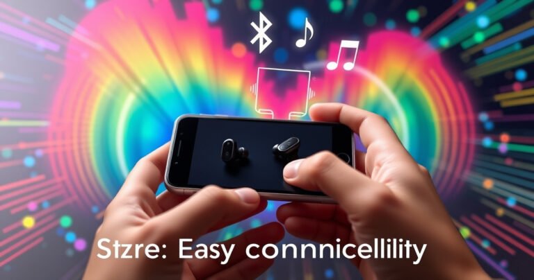 A close-up of sleek Raycon earbuds nestled on a vibrant, tech-inspired background with colorful sound waves radiating outward. Hands are shown demonstrating the pairing process on a smartphone, with glowing icons of Bluetooth and music notes hovering above. The scene conveys a modern, user-friendly vibe, inviting readers to explore easy connectivity.