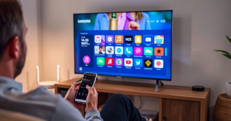 A sleek Samsung Smart TV displaying a vibrant home screen filled with colorful app icons, surrounded by a cozy living room setting. A person sits on a comfortable couch, focused on connecting the TV to a Wi-Fi network, with a smartphone in hand and a modern router glowing nearby, creating a tech-savvy atmosphere.