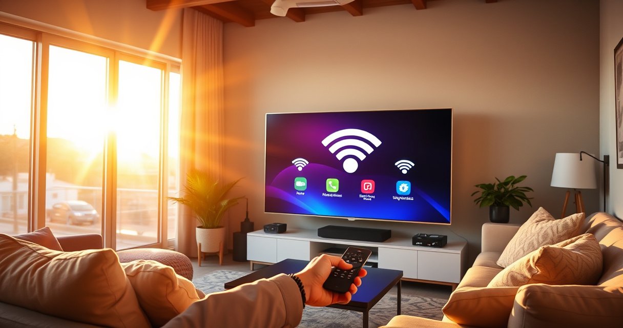 A sleek Samsung Smart TV glowing in a modern living room, surrounded by cozy furniture. The screen displays vibrant WiFi signal icons, while a user confidently interacts with the remote. Warm sunlight streams through large windows, illuminating a stylish decor. A tech-savvy atmosphere filled with gadgets, emphasizing the ease of connecting to WiFi.