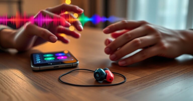 A close-up of vibrant Skullcandy earbuds resting on a wooden table, surrounded by colorful sound waves visualizations, a smartphone displaying Bluetooth settings with playful icons, soft ambient lighting creating a cozy atmosphere, and a pair of hands gently reaching for the earbuds, symbolizing connection and music enjoyment.