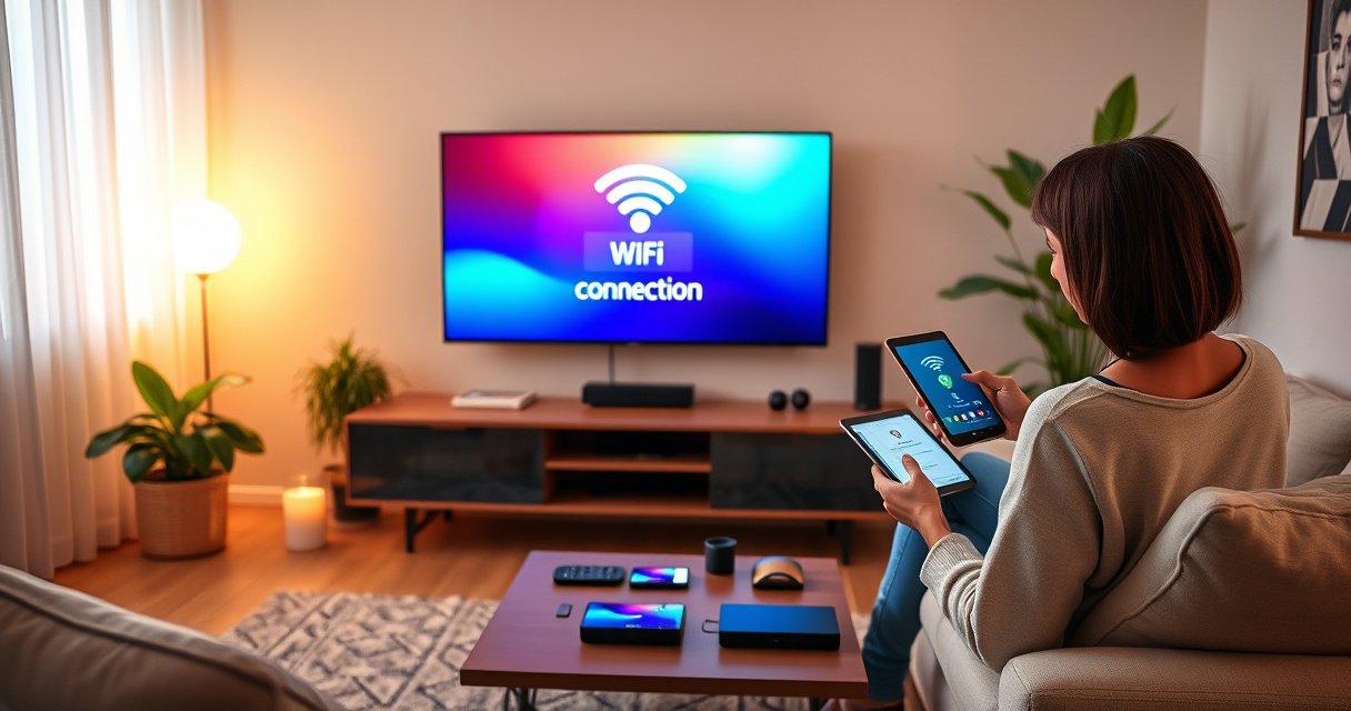 A cozy living room with a sleek smart TV displaying a colorful WiFi connection screen, warm ambient lighting, and a person confidently using a tablet. A vibrant plant in the corner and a modern coffee table with tech gadgets hint at a connected lifestyle, inviting viewers into the world of seamless technology integration.