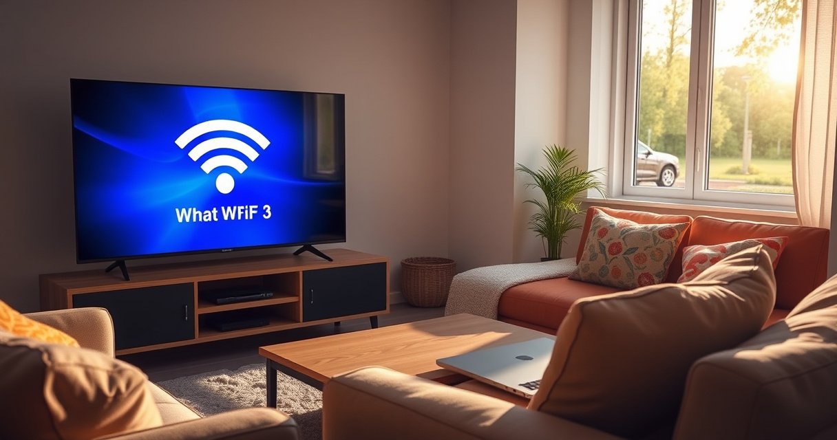 A cozy living room featuring a sleek smart TV displaying a vibrant WiFi connection screen, surrounded by a plush sofa and colorful pillows. Soft lighting illuminates the space, while a coffee table holds a laptop and a smartphone, showcasing modern technology integration. A window reveals a sunny day outside, inviting warmth and comfort.
