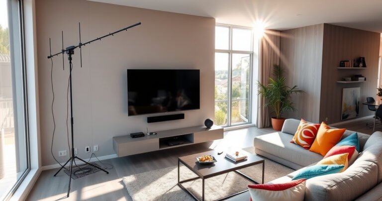 A sleek modern living room featuring a smart TV mounted on the wall, an antenna gracefully positioned nearby, vibrant wires elegantly coiling, sunlight streaming through large windows, casting soft shadows, a cozy sofa with colorful cushions, and a coffee table adorned with a remote and snacks, conveying a sense of comfort and tech-savvy innovation.