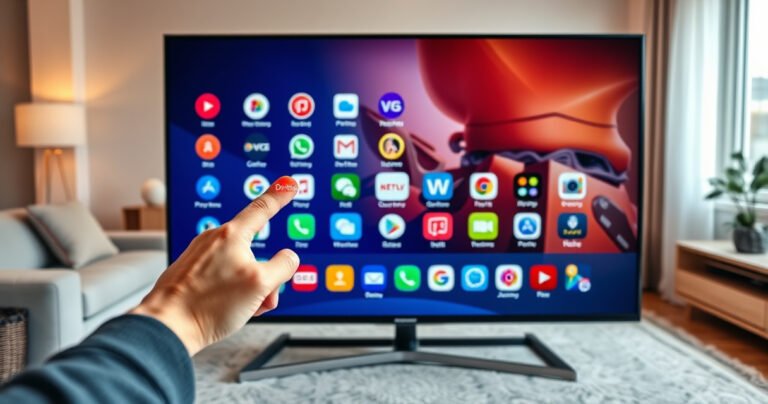 A sleek Samsung Smart TV displaying a colorful, user-friendly interface filled with various app icons, a person's hand hovering over a bright red 'Delete' button. In the background, a cozy living room with modern furniture, warm lighting, and a subtle hint of tech gadgets, creating an inviting atmosphere for tech-savvy readers.