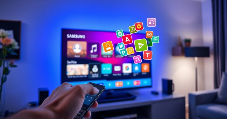A sleek Samsung Smart TV glowing in a modern living room, with a colorful app interface displayed on the screen. Nearby, a user’s hand gestures towards a touchscreen remote, with vibrant colorful app icons floating above, symbolizing the process of deletion. Soft ambient lighting creates a cozy atmosphere, emphasizing technology and user interaction.