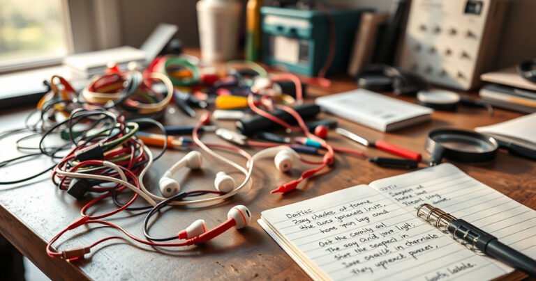 A cluttered workbench with disassembled earphones, colorful wires laid out, tiny tools scattered around, a magnifying glass nearby, and a notebook with troubleshooting steps written in neat handwriting, illuminated by warm sunlight streaming through a window, creating an inviting atmosphere of DIY creativity and problem-solving.
