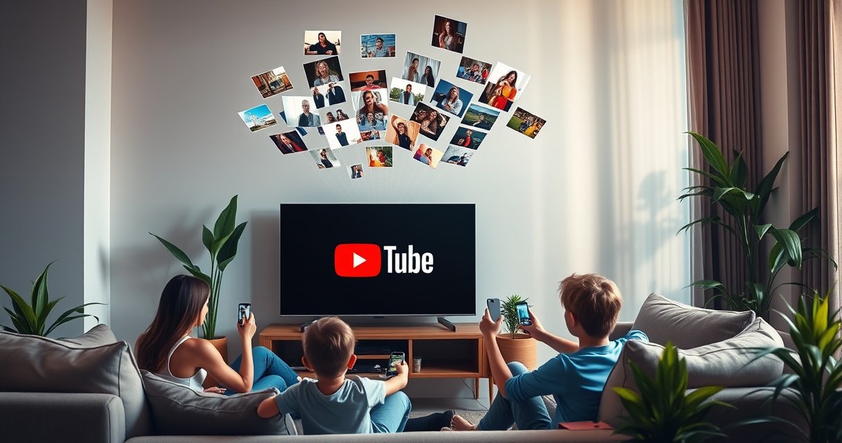 A modern living room with a sleek smart TV displaying the YouTube logo, surrounded by cozy furniture and vibrant plants. A family excitedly gathers around, using a remote and smartphones, as colorful video thumbnails float above the TV. Soft, warm lighting enhances the inviting atmosphere, showcasing a blend of technology and family bonding.