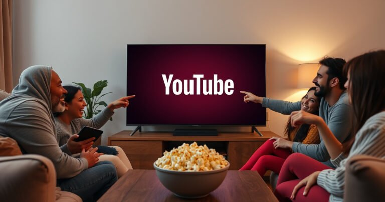 A cozy living room with a sleek smart TV displaying the YouTube logo, surrounded by a family of diverse people laughing and pointing at the screen. Soft, ambient lighting creates a warm atmosphere, while a bowl of popcorn sits on a coffee table, inviting viewers to join the fun.