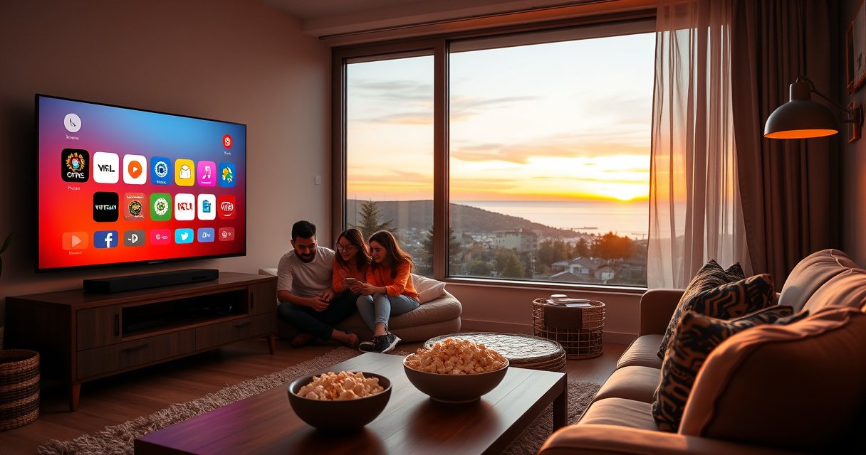 A cozy living room with a modern smart TV displaying colorful app icons, a family gathered on a plush sofa, excited expressions as they interact with the remote, warm lighting highlighting a stylish decor, a bowl of popcorn on the coffee table, and a large window revealing a sunset outside.