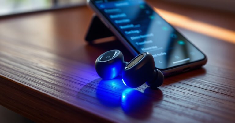 A close-up of sleek, modern wireless earbuds resting on a wooden surface, surrounded by a glowing blue light, with a smartphone displaying a Bluetooth settings screen in the background. Soft shadows cast by a nearby window create a warm atmosphere, hinting at a cozy tech-savvy lifestyle, inviting the viewer to explore connectivity.
