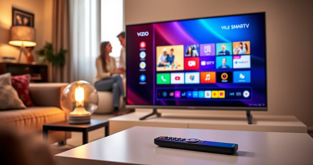 A sleek Vizio Smart TV displaying a vibrant, colorful user interface, surrounded by a cozy living room setting. The remote control lies nearby on a stylish coffee table, with a warm lamp casting a soft glow. In the background, a family is engaged in a light-hearted discussion, embodying a sense of comfort and technology.