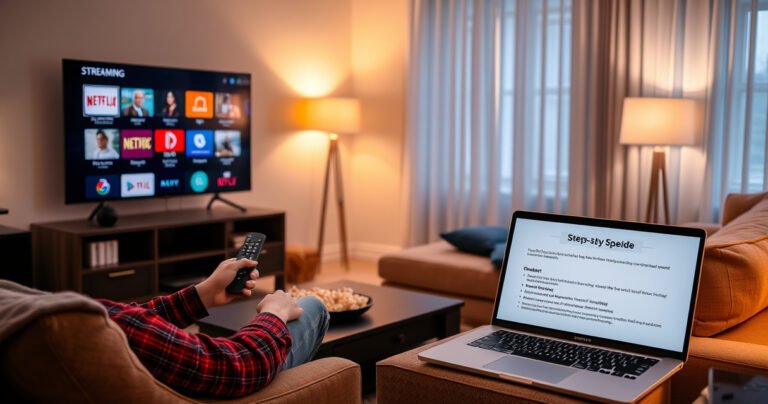 A cozy living room with a modern smart TV displaying colorful streaming icons, a person comfortably seated on a stylish couch holding a remote, surrounded by popcorn and snacks, warm ambient lighting from a nearby lamp, and a coffee table with a laptop open to a step-by-step guide on streaming.