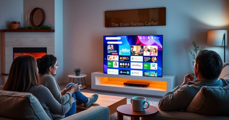 A cozy living room scene featuring a sleek smart TV displaying a vibrant web browser interface, surrounded by plush furniture, a glowing fireplace, and a steaming mug of coffee on a side table. Soft ambient lighting highlights a family happily interacting with the TV using a remote, as colorful web pages come to life on the screen.