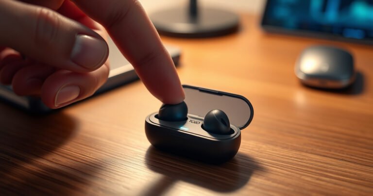 A close-up of stylish TOZO earbuds resting on a sleek wooden surface, surrounded by soft, ambient light. The earbuds are partially open, with a glowing power button highlighted. A hand is about to press the button, creating a sense of anticipation. In the background, blurred tech gadgets hint at a modern lifestyle.