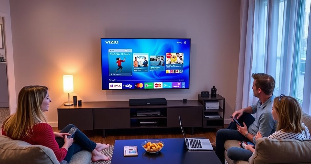 A cozy living room featuring a sleek Vizio Smart TV displaying a vibrant update screen, surrounded by a family gathered together, with a laptop open nearby. Soft lighting highlights the modern decor, while a coffee table holds snacks and a remote. A sense of anticipation fills the air as they prepare to enhance their viewing experience.