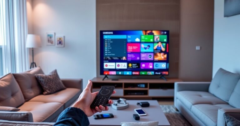 A sleek, modern living room featuring a large Samsung Smart TV displaying a vibrant, colorful interface, surrounded by cozy furniture, with a hand reaching towards a remote control. Soft ambient lighting highlights the room, and a coffee table holds gadgets and a smartphone, suggesting a tech-savvy atmosphere perfect for updating devices effortlessly.