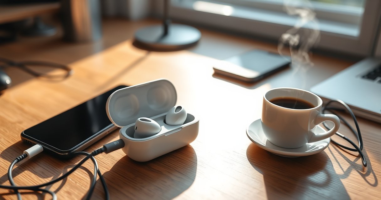 A close-up of sleek wireless earbuds nestled in a minimalist charging case on a wooden desk, surrounded by a smartphone, tangled charging cables, and a steaming cup of coffee, with warm sunlight streaming through a nearby window, casting soft shadows, creating an inviting and tech-savvy workspace atmosphere.