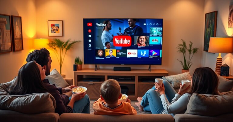 A cozy living room scene featuring a large smart TV displaying the YouTube interface, surrounded by comfortable sofas and soft lighting. A family relaxes together, popcorn bowls in hand, with colorful artwork on the walls and a warm ambiance, capturing the essence of shared entertainment and modern technology in everyday life.