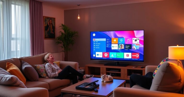 A cozy living room featuring a sleek smart TV displaying a vibrant interface, surrounded by a comfortable sofa, colorful cushions, and a coffee table with remote controls. A person joyfully interacting with the TV, while a cat lounges nearby, and warm ambient lighting creates an inviting atmosphere, showcasing modern technology in everyday life.