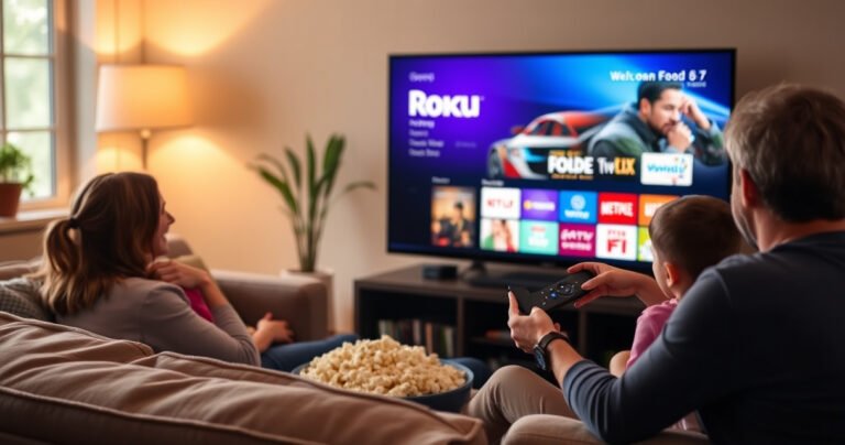 A cozy living room with a modern smart TV displaying the Roku interface, surrounded by a plush sofa, vibrant throw pillows, and a bowl of popcorn. Warm lighting casts a welcoming glow, while a family joyfully interacts with the Roku remote, showcasing a seamless connection between technology and home entertainment.