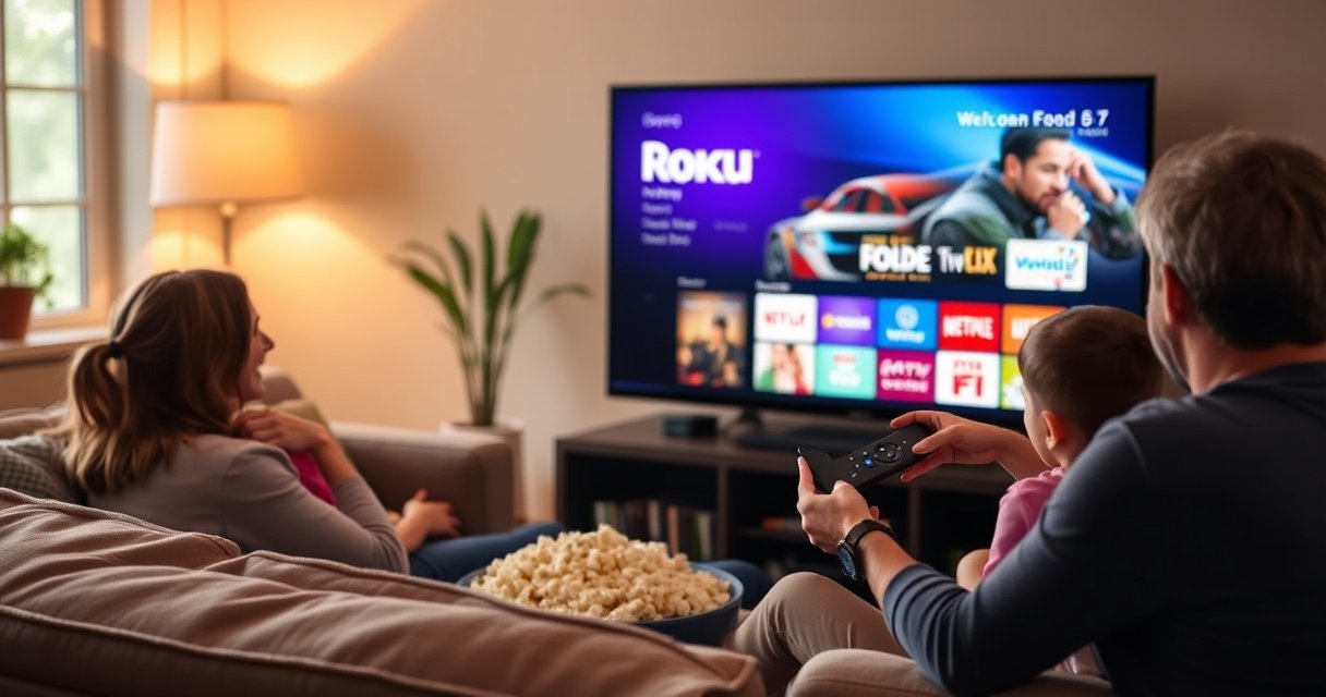 A cozy living room with a modern smart TV displaying the Roku interface, surrounded by a plush sofa, vibrant throw pillows, and a bowl of popcorn. Warm lighting casts a welcoming glow, while a family joyfully interacts with the Roku remote, showcasing a seamless connection between technology and home entertainment.