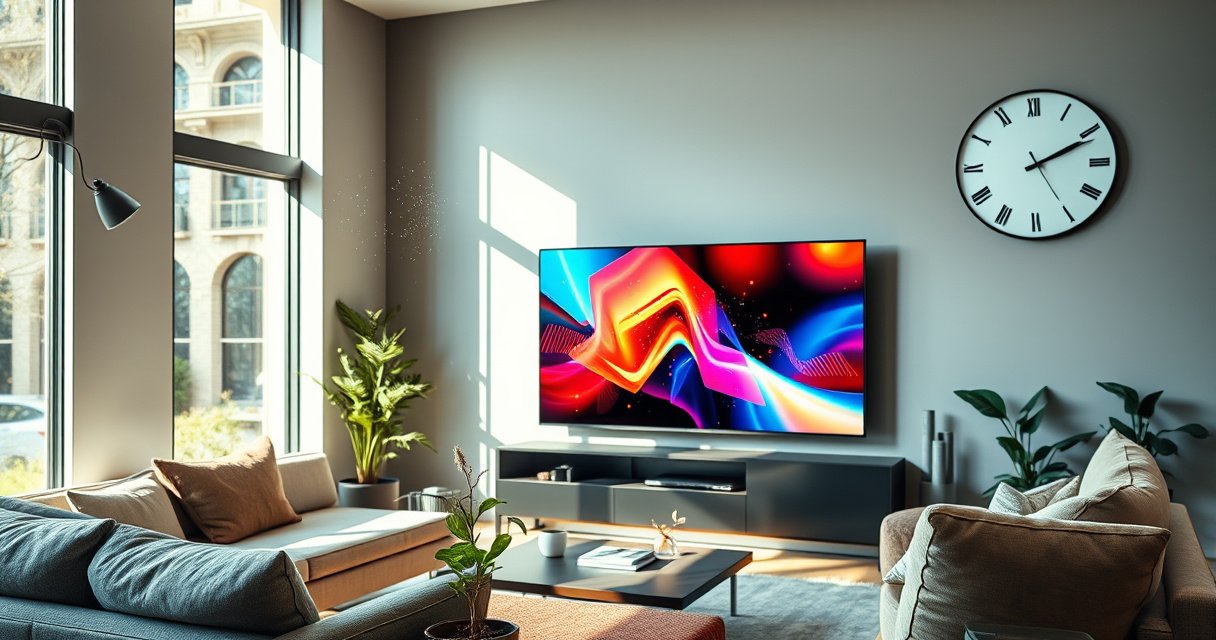 A sleek modern living room featuring a large smart TV, displaying vibrant colors and images, surrounded by cozy furniture. Sunlight streams through a window, illuminating dust motes in the air, while a clock on the wall hints at time passing. Nearby, a small plant thrives, symbolizing longevity and the importance of care for technology.