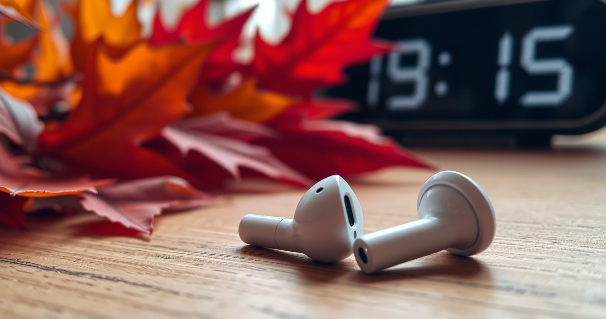 A close-up view of a pair of Apple earbuds resting on a wooden table, surrounded by vibrant autumn leaves and a digital clock displaying time, symbolizing the passage of time. Soft light filters through, highlighting the sleek design and subtle details, evoking a sense of technology intertwined with nature.
