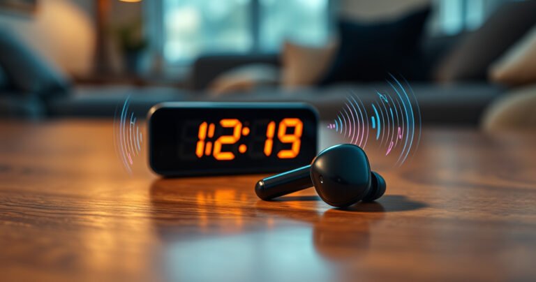 A close-up of sleek, modern Bluetooth earbuds resting on a wooden table, surrounded by a glowing digital timer and vibrant sound waves emanating from them, symbolizing energy and technology. Soft, warm lighting highlights the earbuds’ intricate design, while a blurred background suggests a cozy living space, evoking a sense of everyday life and connectivity.