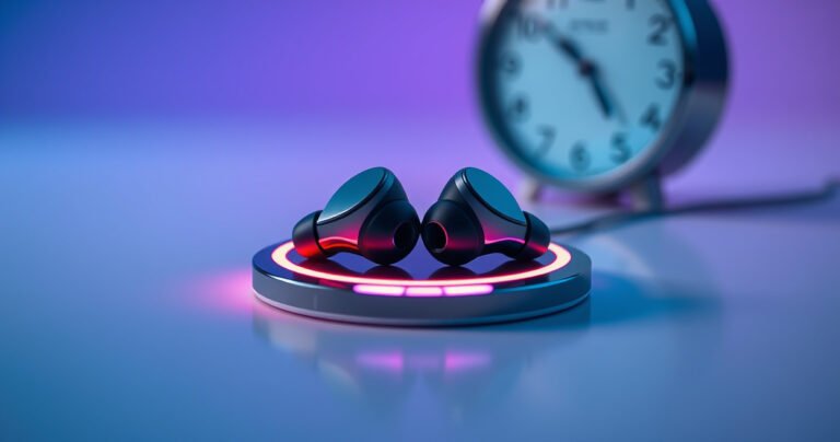A close-up of sleek, modern earbuds resting on a glowing wireless charging pad, surrounded by vibrant charging indicators. The background features a soft gradient of blue and purple, evoking a sense of technology and speed. Delicate reflections on the earbuds highlight their design, while a clock subtly fades into the backdrop, hinting at the theme of time.