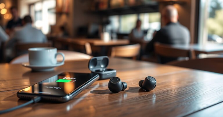 A sleek pair of wireless earbuds resting on a wooden table, surrounded by colorful charging indicators glowing softly. A smartphone displays a battery percentage icon, while a cozy coffee shop ambiance features blurred people in the background. Natural sunlight streams through a window, casting shadows and highlighting the modern design of the earbuds.