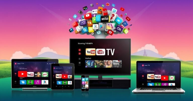 A vibrant digital landscape showcasing a variety of devices—smart TVs, tablets, smartphones, and laptops—each displaying the YouTube TV interface. In the background, a colorful cloud of streaming icons floats above, symbolizing connectivity and entertainment. Bright colors and dynamic shapes create an engaging atmosphere that highlights the versatility of watching YouTube TV on multiple devices.