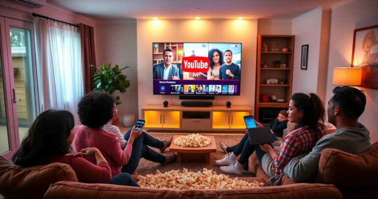 A cozy living room bathed in warm light, featuring a large flat-screen TV displaying YouTube TV, surrounded by an array of devices like smartphones, tablets, and laptops. Family members of diverse backgrounds are enjoying their favorite shows together, with popcorn scattered on a plush couch, creating an inviting atmosphere of shared entertainment and technology.