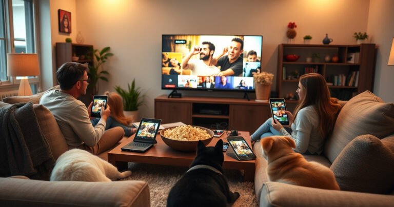 A cozy living room with a family gathered around a large TV, multiple devices like tablets and smartphones scattered on the coffee table, each displaying vibrant YouTube TV content. Soft lighting creates a warm atmosphere, and a bowl of popcorn adds a casual touch, while playful pets lounge nearby, embodying a relaxed, tech-savvy family moment.