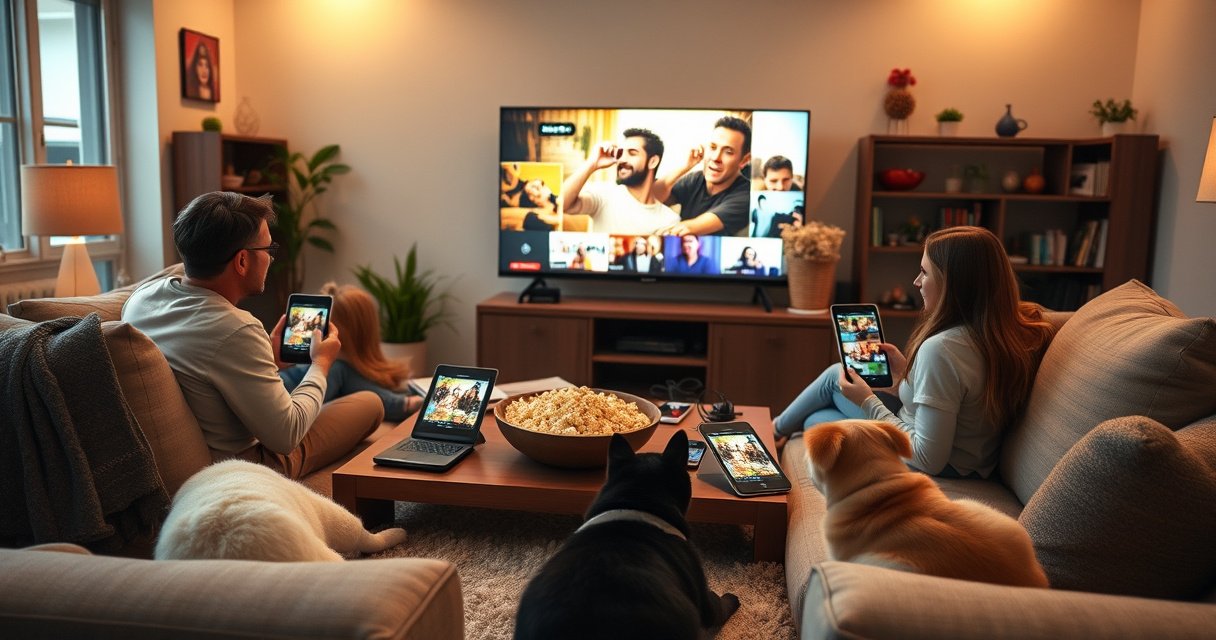 A cozy living room with a family gathered around a large TV, multiple devices like tablets and smartphones scattered on the coffee table, each displaying vibrant YouTube TV content. Soft lighting creates a warm atmosphere, and a bowl of popcorn adds a casual touch, while playful pets lounge nearby, embodying a relaxed, tech-savvy family moment.