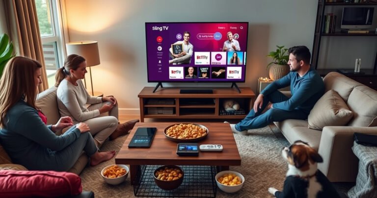A cozy living room scene with a family gathered around a large flat-screen TV, diverse devices like tablets and smartphones scattered on the coffee table, vibrant streaming interface displaying Sling TV options, warm lighting, snacks in bowls, and playful pets nearby, creating an inviting atmosphere of entertainment and technology harmony.