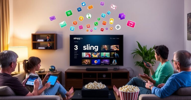 A cozy living room with a large TV displaying the Sling TV interface, surrounded by a family enjoying various devices like tablets, smartphones, and laptops. Soft lighting creates a warm atmosphere, while colorful streaming icons float above, symbolizing connectivity. A bowl of popcorn sits nearby, embodying a fun family movie night experience.